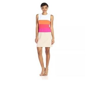 Calvin Klein Color Block Sheath Sleeveless Orange Pink Midi Dress Size 16